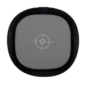 gray card with black rim and white bullseye in center on a white background