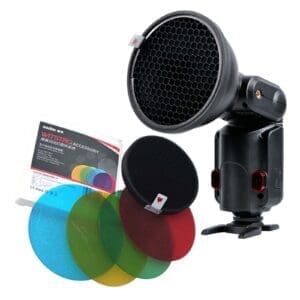 flash with grid kit and colored gels on a white background