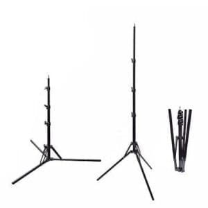 Three light stands, one with base open flat, one with base forming triangle, and one collapsed in a reverse fold