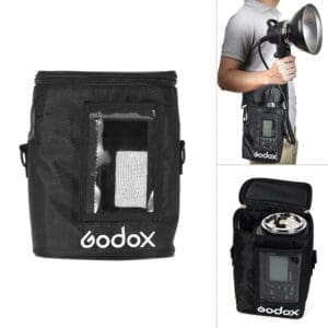 close up of carrying bag, carrying bag holding AD600, and man holding AD600 head with body in carrying bag on his side