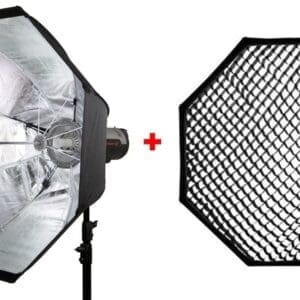 Octabox inside view of silver reflector and front view showing grid
