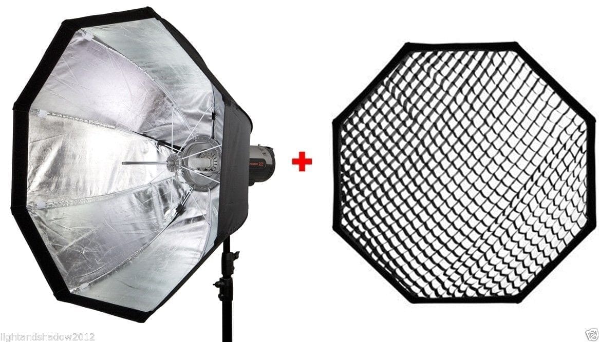 Octabox inside view of silver reflector and front view showing grid