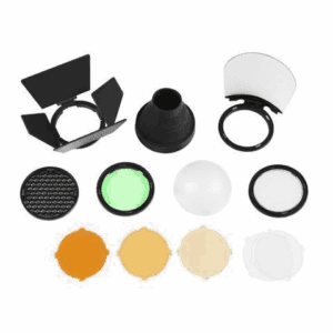 gels, grid, reflector, barn door, and snoot