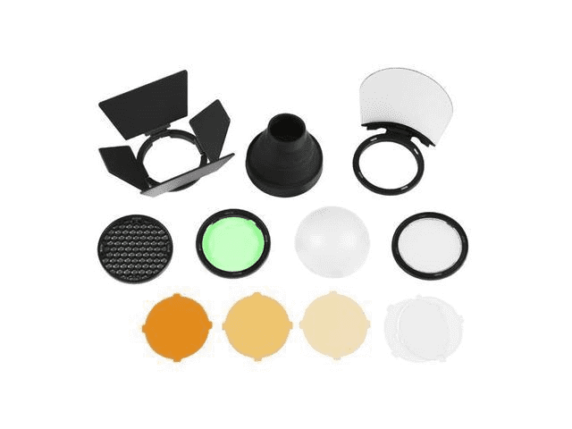 gels, grid, reflector, barn door, and snoot